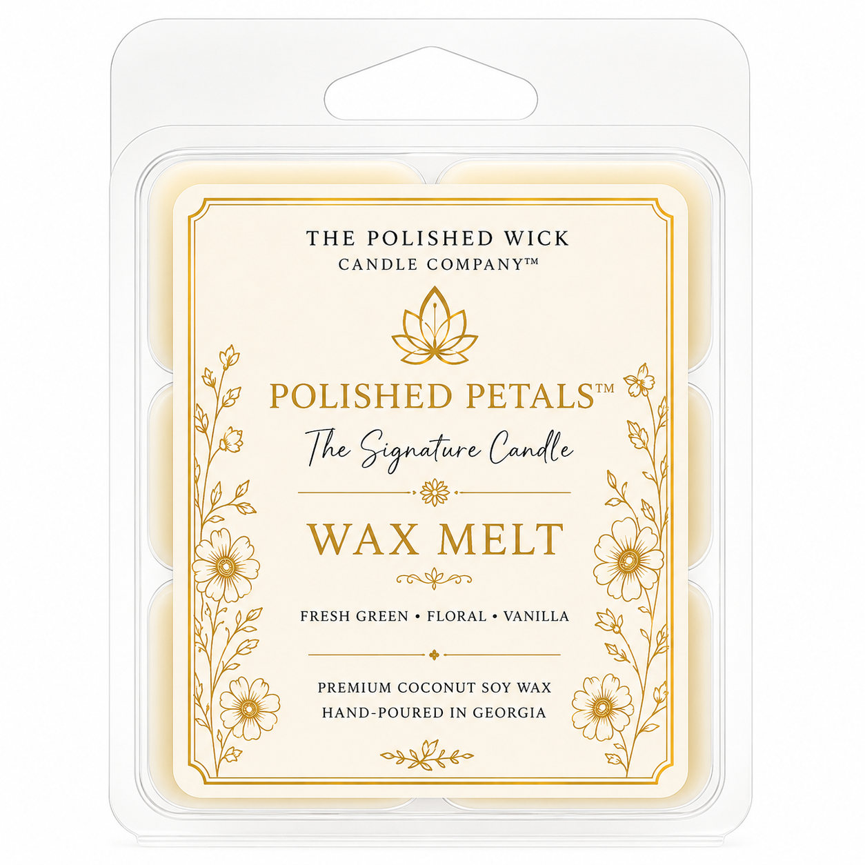 The Polished Wick Candle Company Polished Petals Wax Melt in a clear plastic clamshell package with a cream label and gold floral detailing.