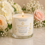 Candle from The Polished Wick Candle Company with floral arrangement in the background