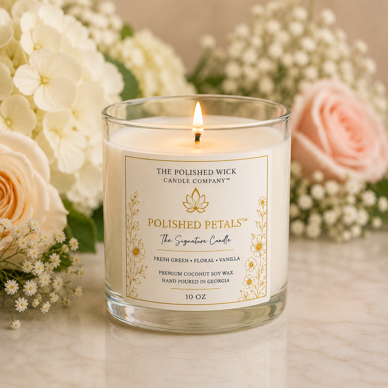Candle from The Polished Wick Candle Company with floral arrangement in the background