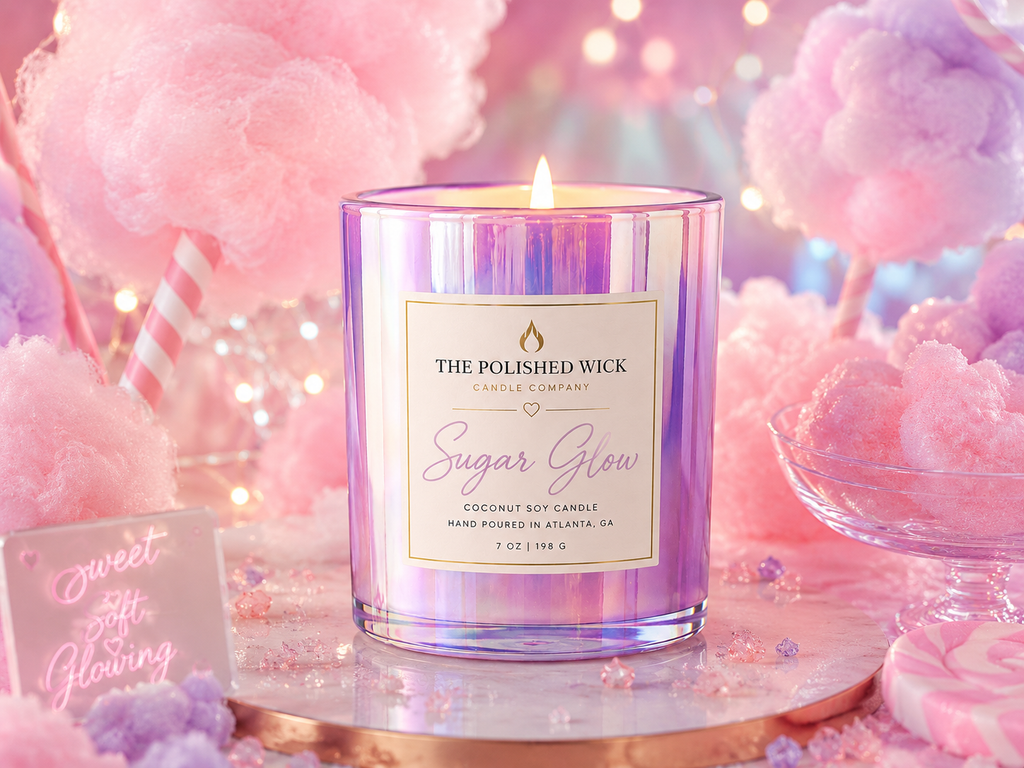 Candle labeled 'Sugar Glow' from The Polished Wick Candle Company on a pink and purple cotton candy background.