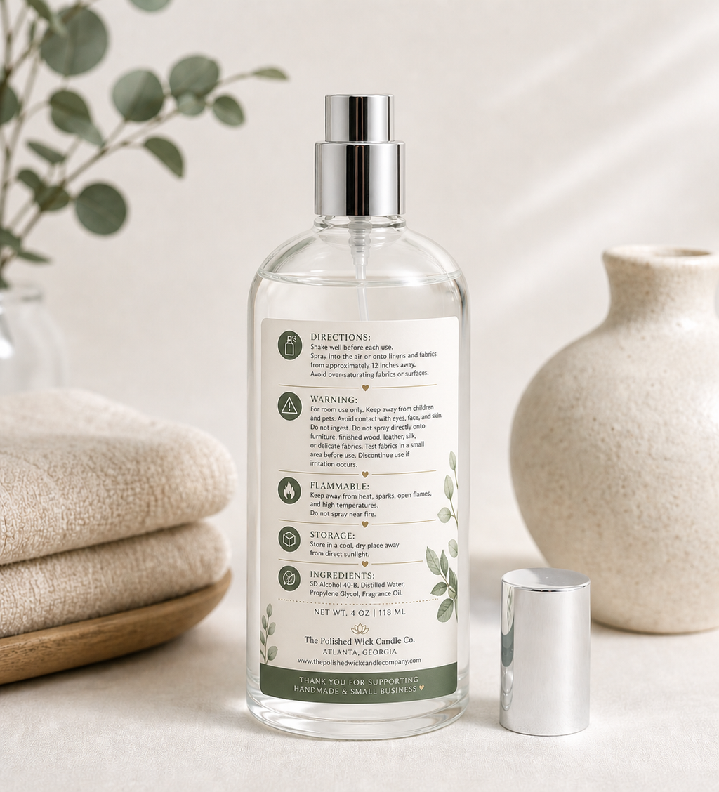 Clear bottle with label on a neutral background with decorative elements
