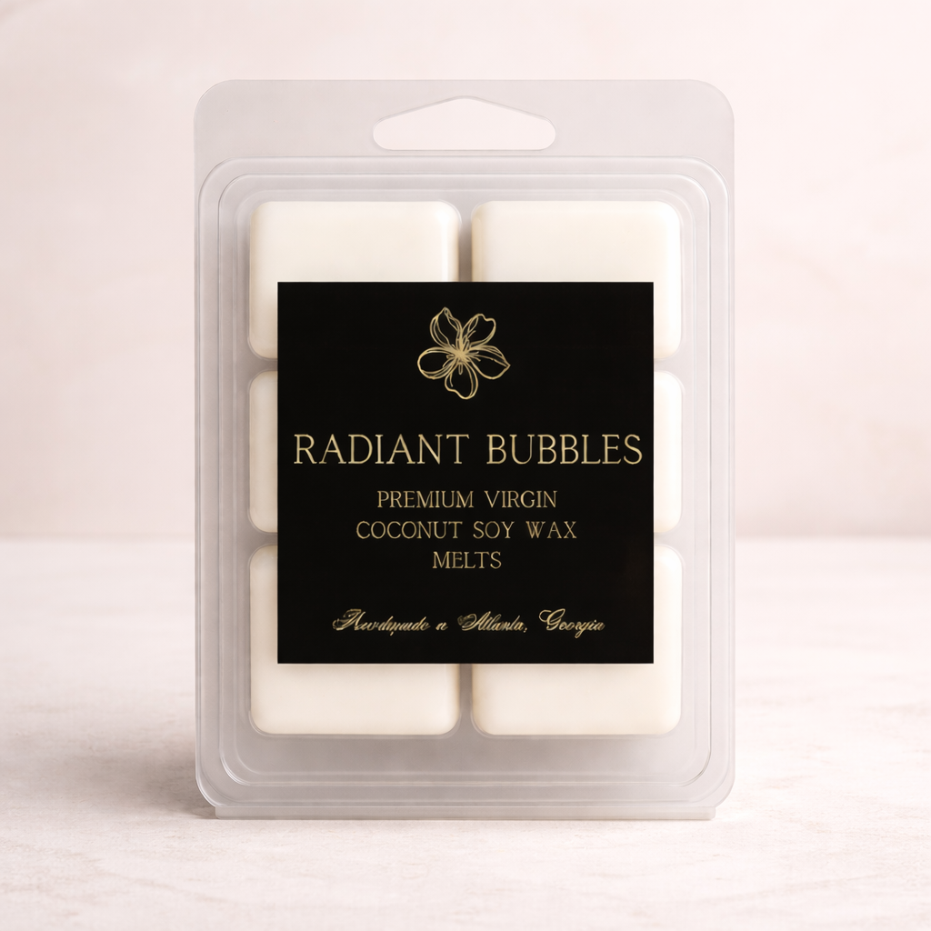 Pack of Radiant Bubbles wax melts with a black label on a light pink background