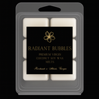 Pack of 'Radiant Bubbles' wax melts with a black label on a gray background