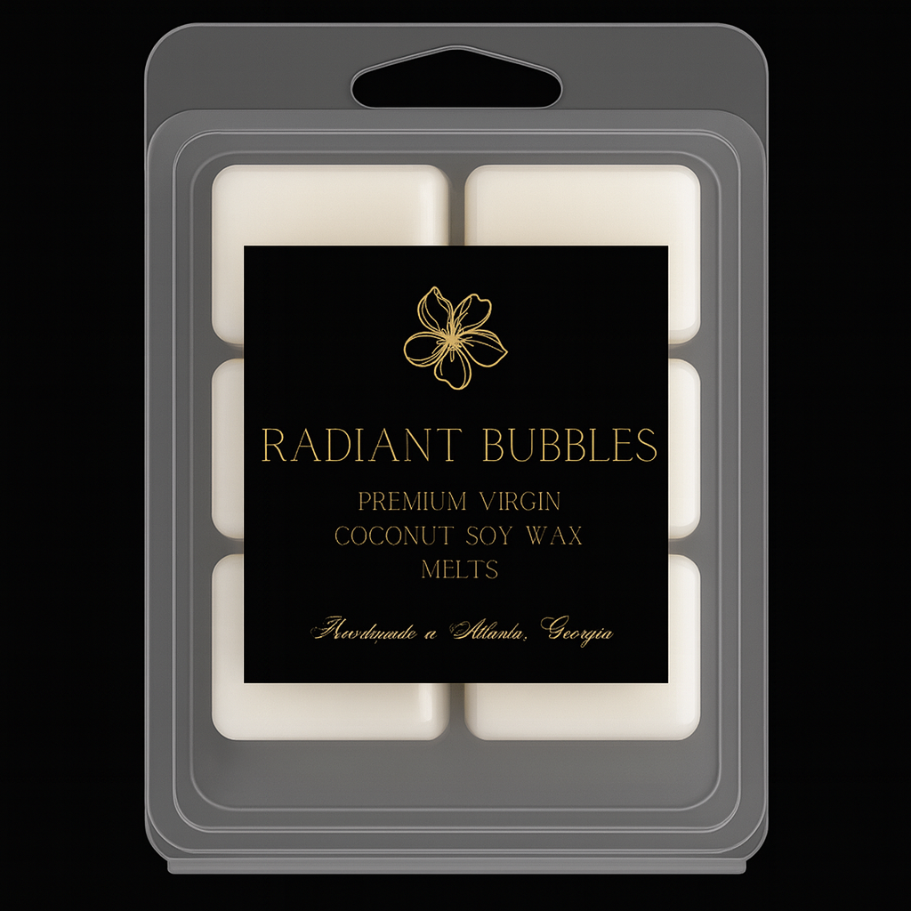 Pack of 'Radiant Bubbles' wax melts with a black label on a gray background