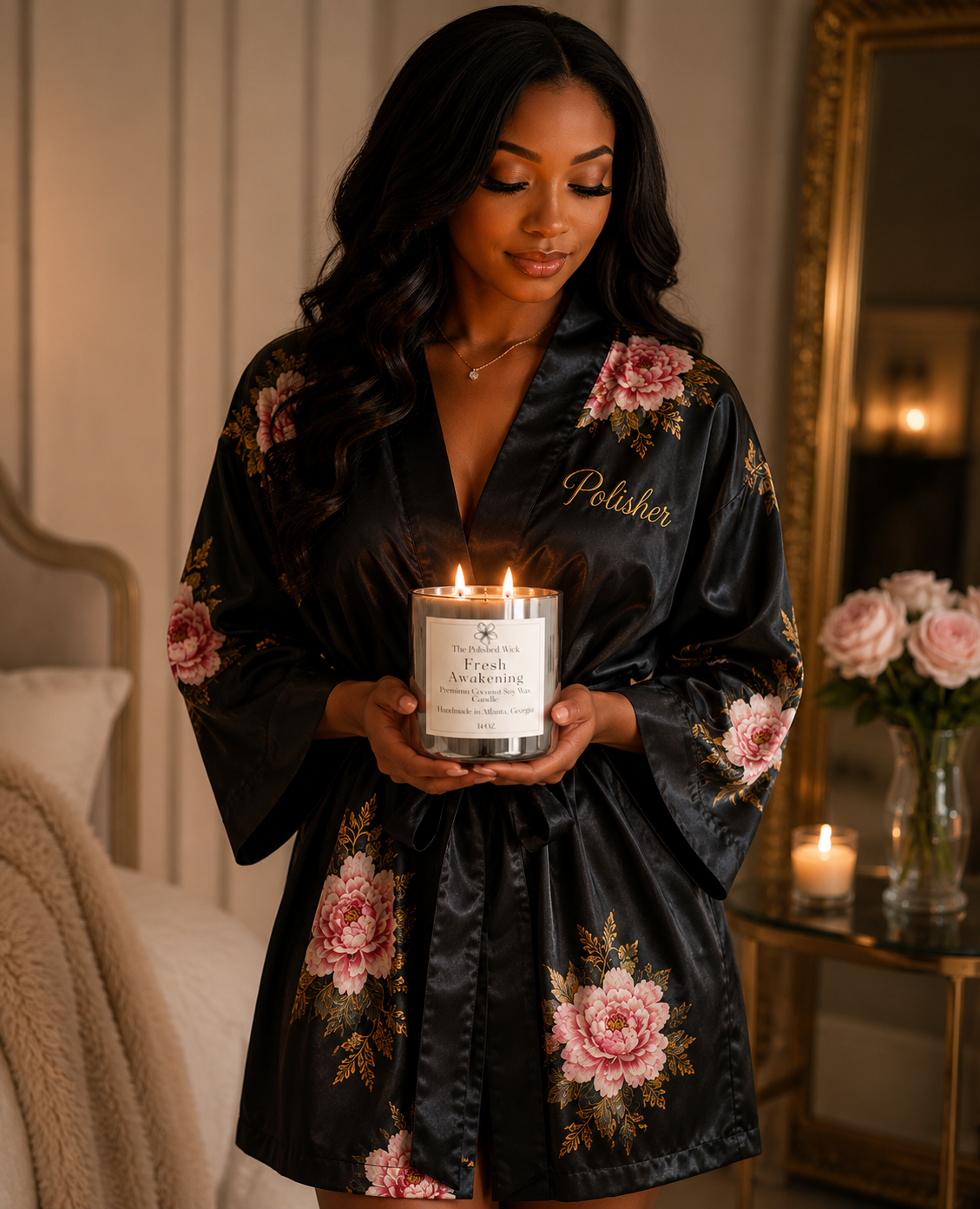 Woman in a floral robe holding a candle with a decorative background