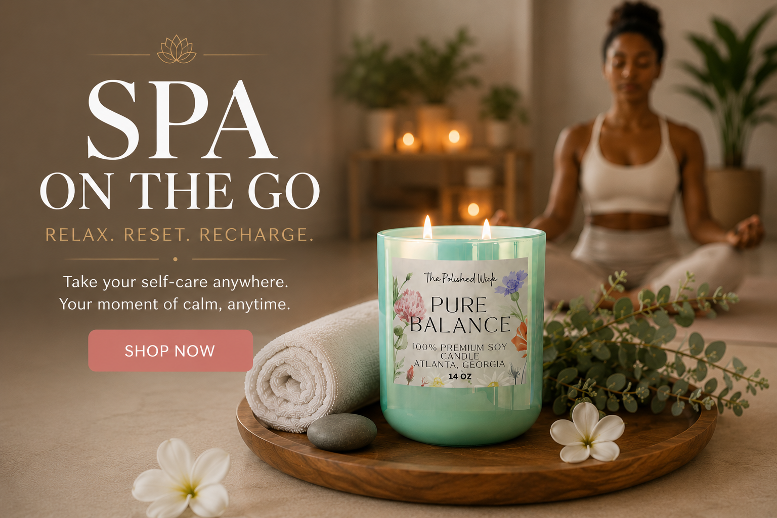 Candle labeled 'Pure Balance' on a wooden tray with a woman meditating in the background.