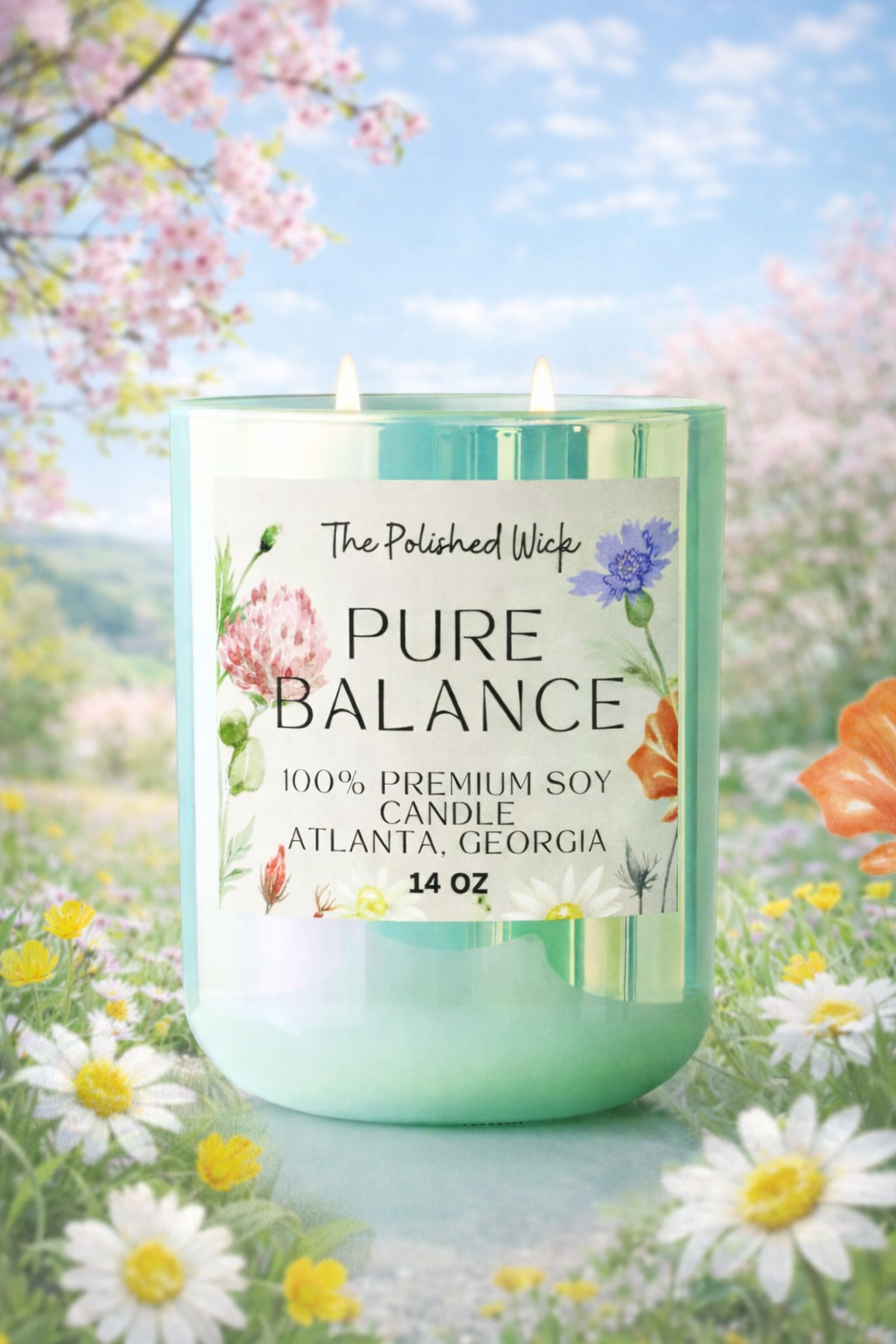 Candle labeled 'Pure Balance' with a scenic background of flowers and mountains