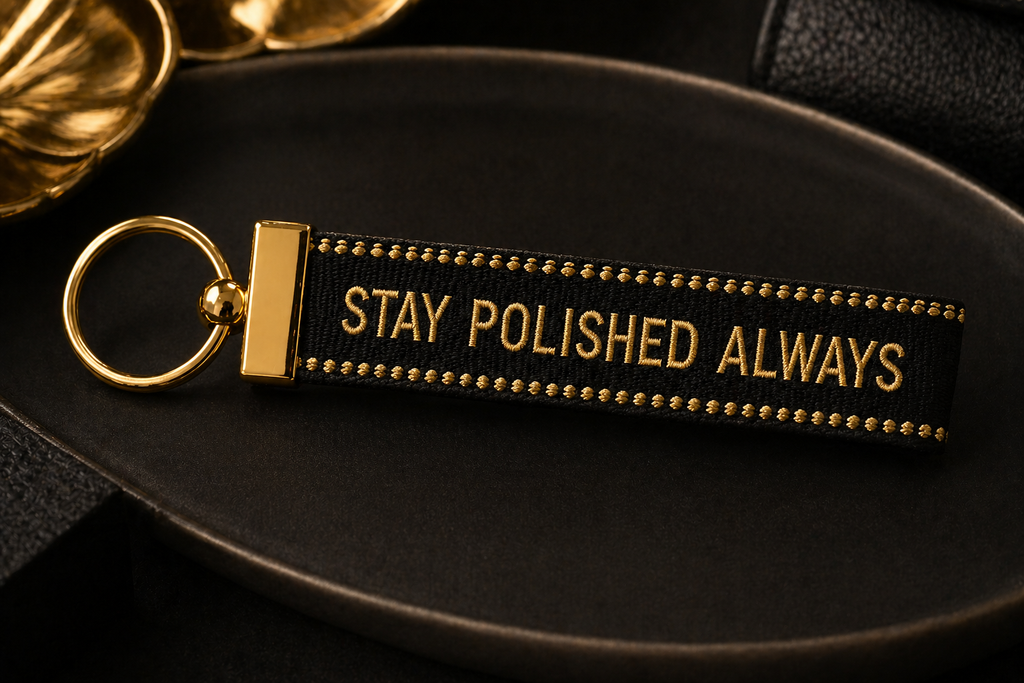 Black keychain with gold text 'Stay Polished Always' on a dark background