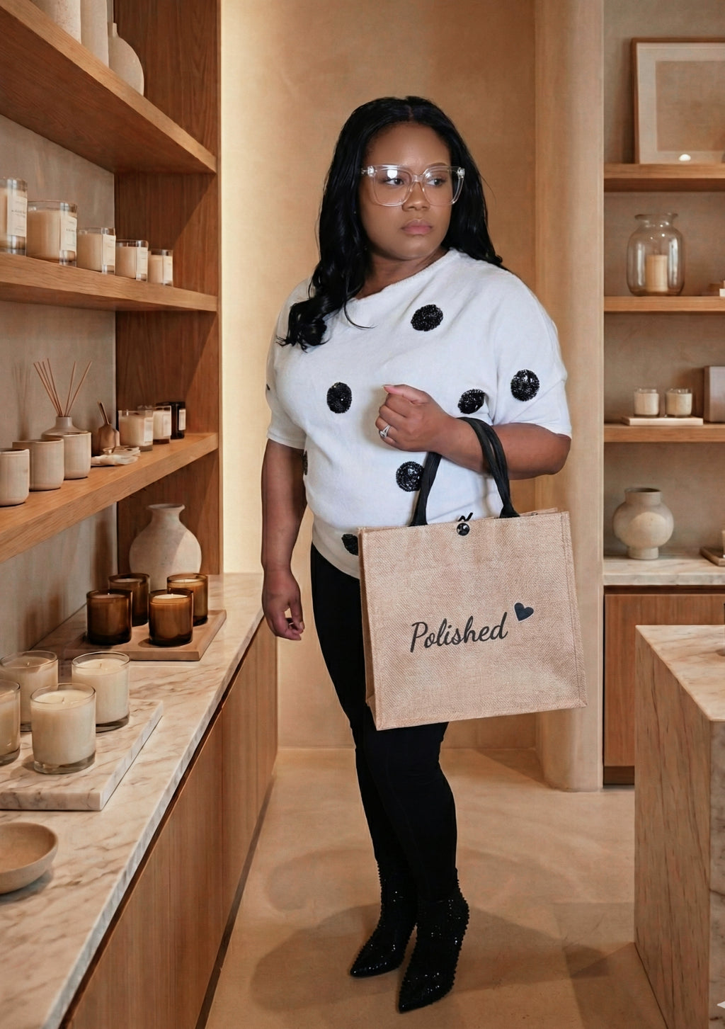 Woman holding a 'Polished' tote bag in a store setting with shelves and decor.
