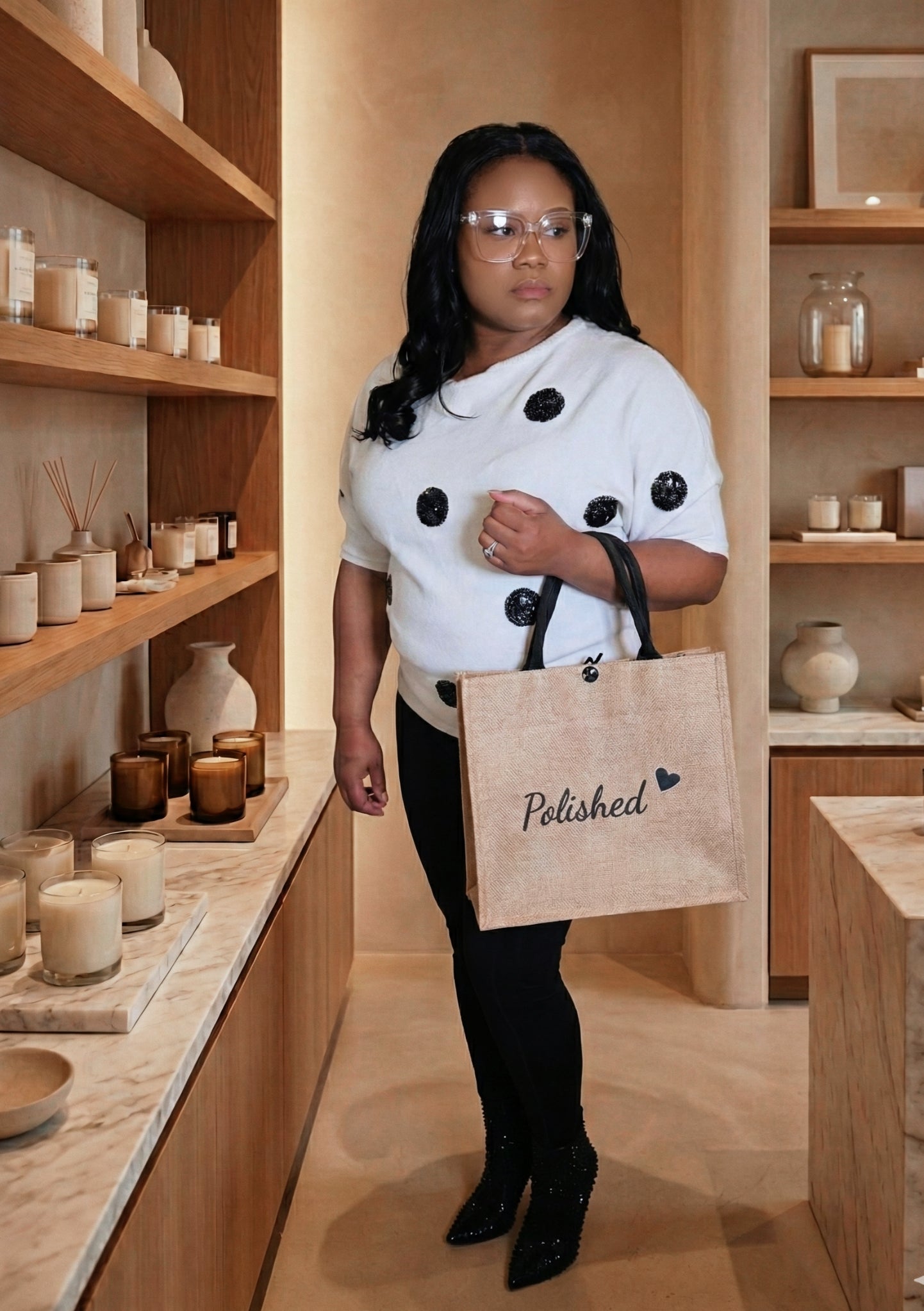 Woman holding a 'Polished' tote bag in a store setting with shelves and decor.