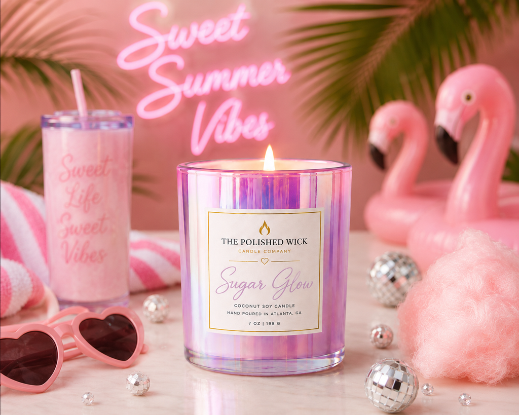 Pink candle labeled 'Sugar Glow' with a pink drink, flamingo, and neon sign in the background.