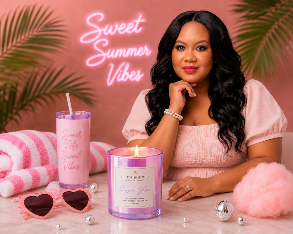 Woman sitting at a table with a candle, tumbler, and sunglasses with 'Sweet Summer Vibes' text in the background.