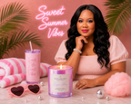 Woman sitting at a table with a candle, tumbler, and sunglasses with 'Sweet Summer Vibes' text in the background.