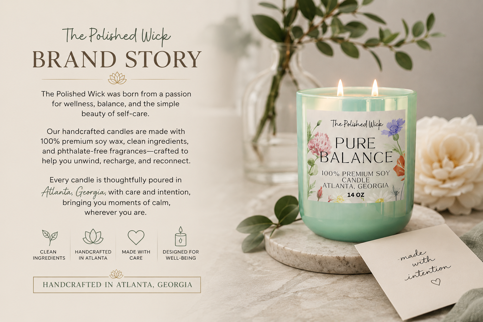 Candle with 'The Polished Wick' branding on a marble surface with flowers and text about the brand story.