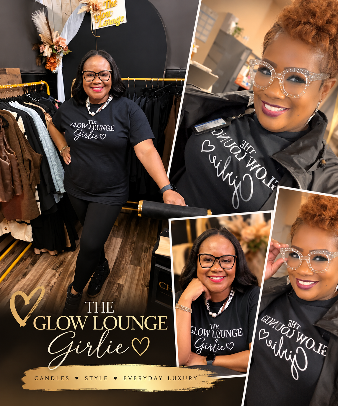 The Glow Lounge girlie shirt collage of women wearing the shirt.