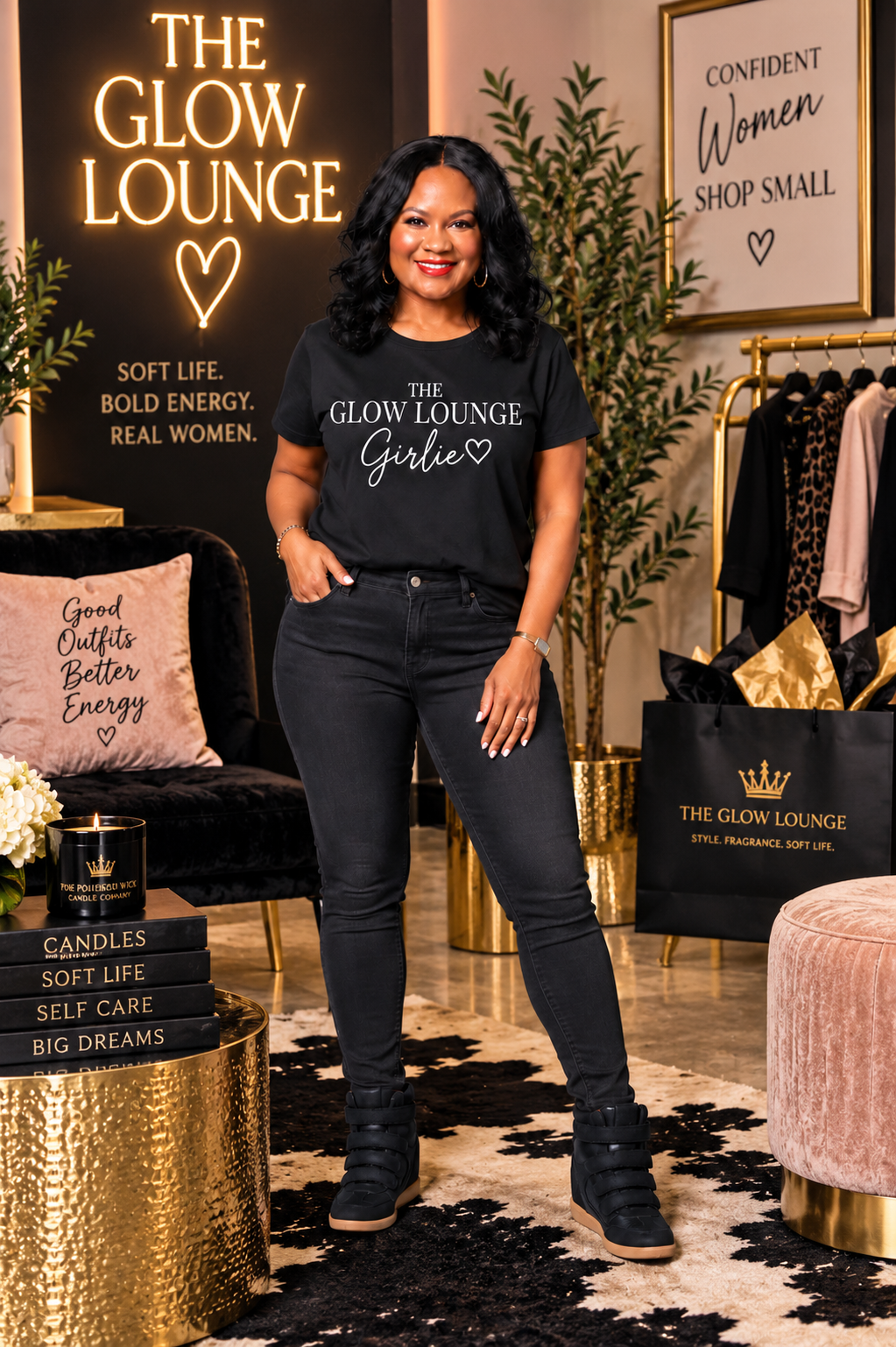 A woman stands in a boutique wearing a black graphic T-shirt that reads 'THE GLOW LOUNGE Girl' with a heart, paired with black jeans and black wedge boots. The setting includes a black velvet chair with a decorative pillow, gold side tables, a clothing rack, and framed wall art.