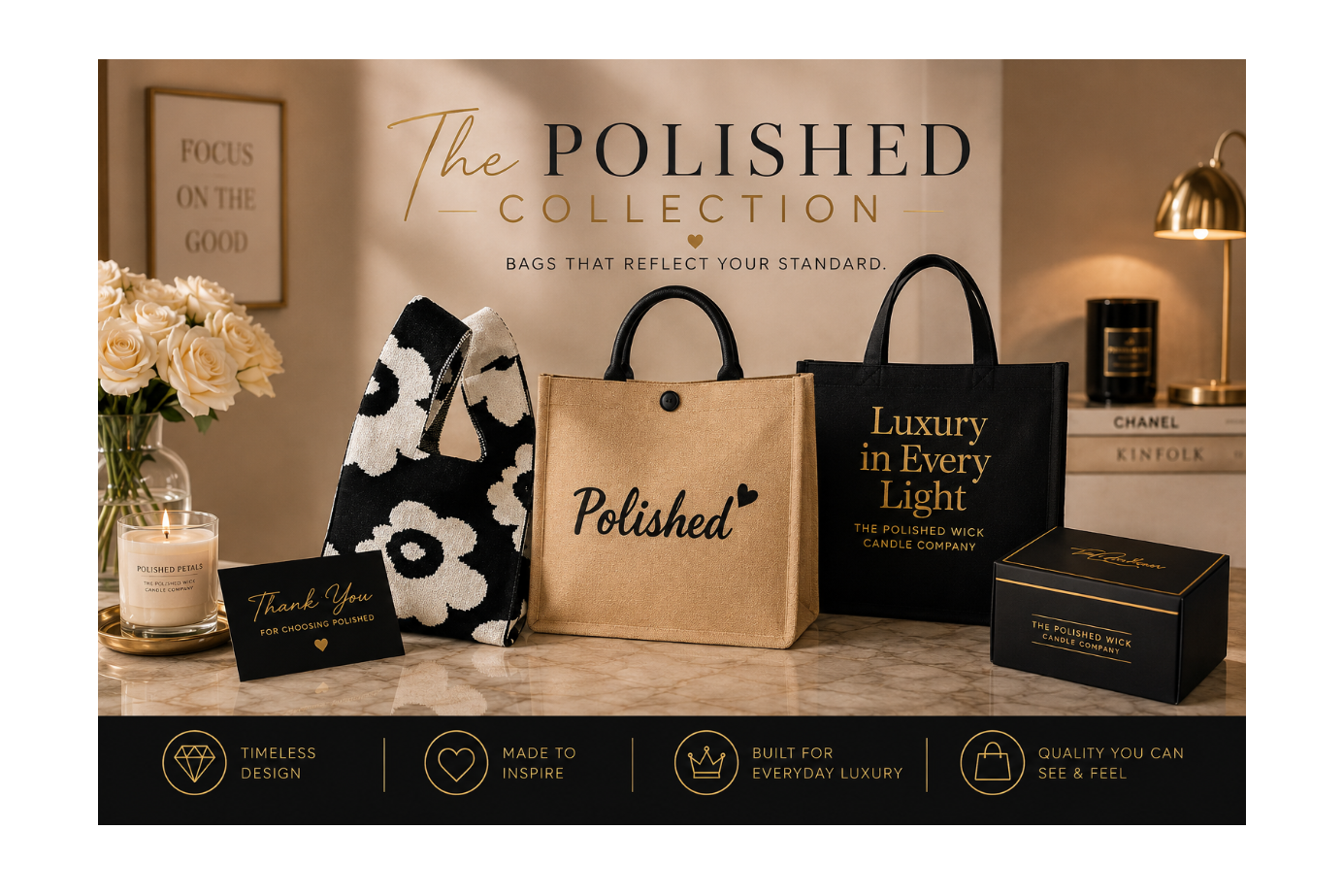 Three tote bags and a black branded box from The Polished Collection are arranged on a marble surface in a styled interior scene with flowers, candles, books, and a lamp. The bags include a black-and-white floral tote, a natural kraft tote with black script reading 'Polished,' and a black tote with gold text reading 'Luxury in Every Light.