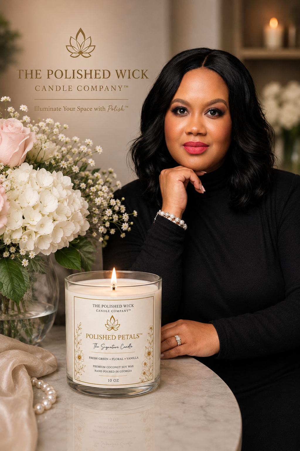Woman holding a lit candle with 'The Polished Wick Candle Company' branding, surrounded by flowers.