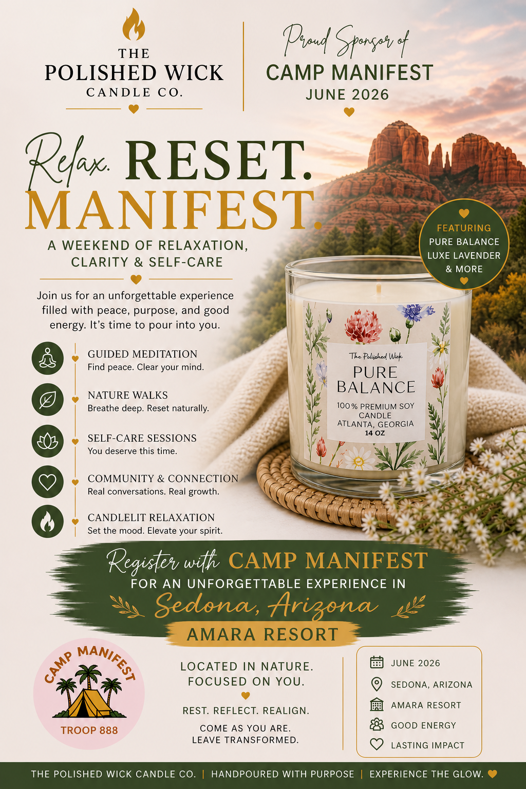Promotional flyer for 'Reset. Manifest.' event by The Polished Wick Candle Co. with a candle and scenic background.