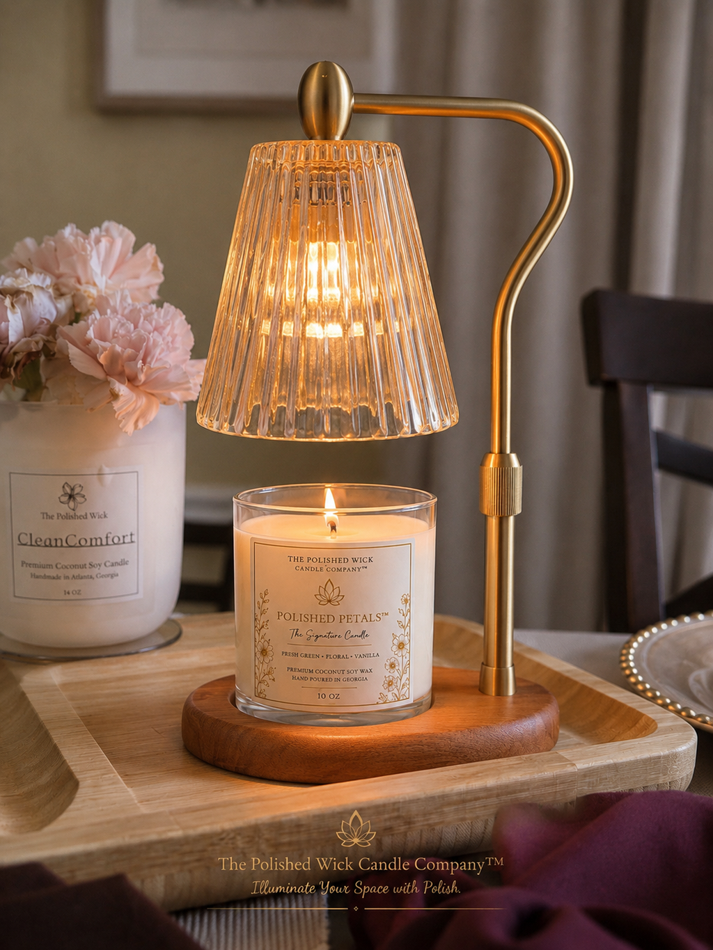 A lit candle in a clear ribbed glass jar sits on a wooden base next to a brass table lamp with a pleated glass shade, styled on a wooden tray with a vase of pink flowers in a home setting.