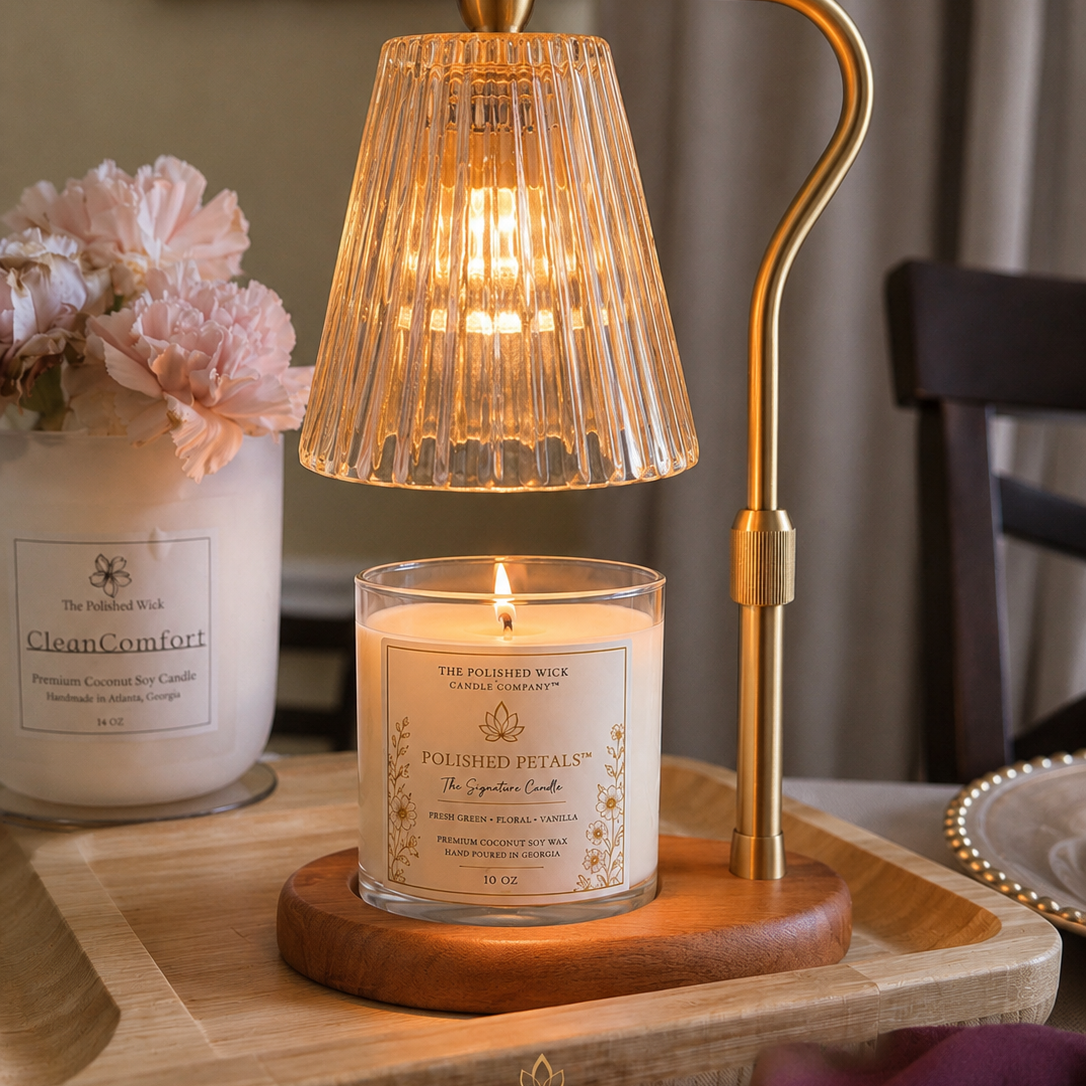 A lit candle in a clear ribbed glass jar sits on a wooden base next to a brass table lamp with a pleated glass shade, styled on a wooden tray with a vase of pink flowers in a home setting.