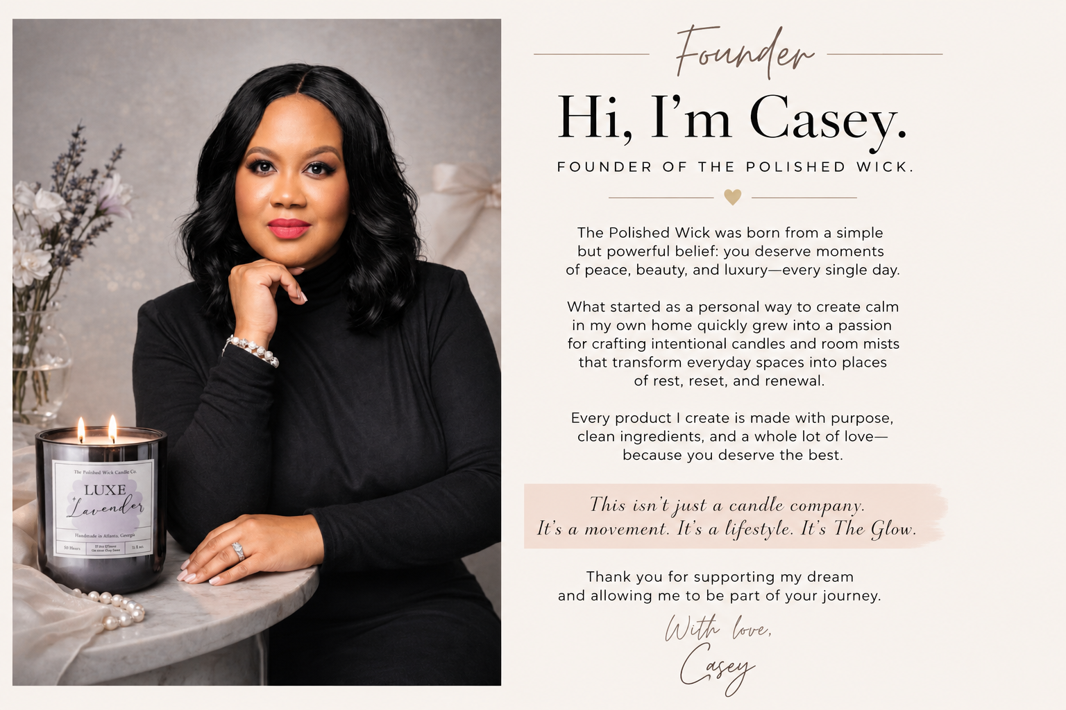 Woman sitting with a candle, introducing herself as Casey, founder of The Polished Wick.