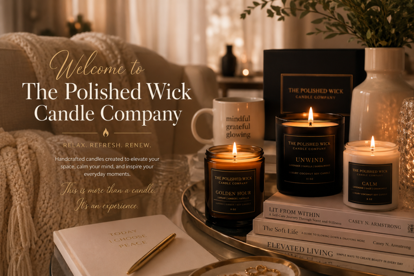 Candle company branding with lit candles, books, and a mug on a table.