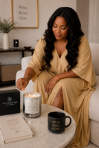 Woman in a beige robe lighting a candle on a marble table with a coffee mug and book in a cozy room.