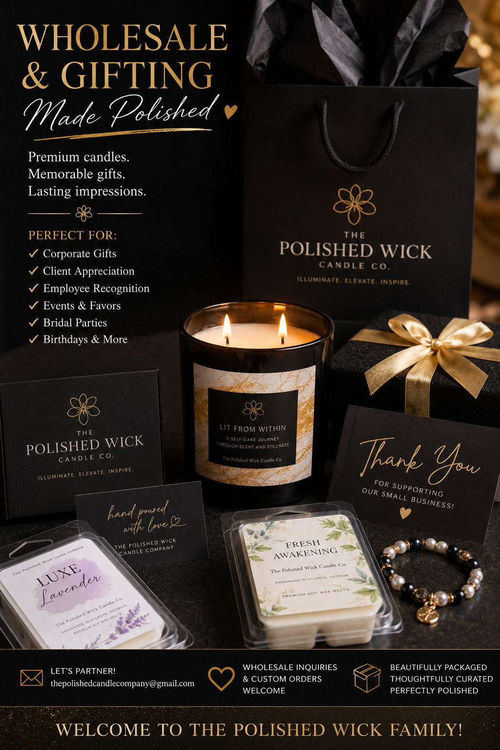 Polished Wick candle and gift items with promotional text on a black background