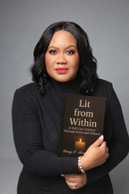 Woman holding a book titled 'Lit from Within' against a gray background