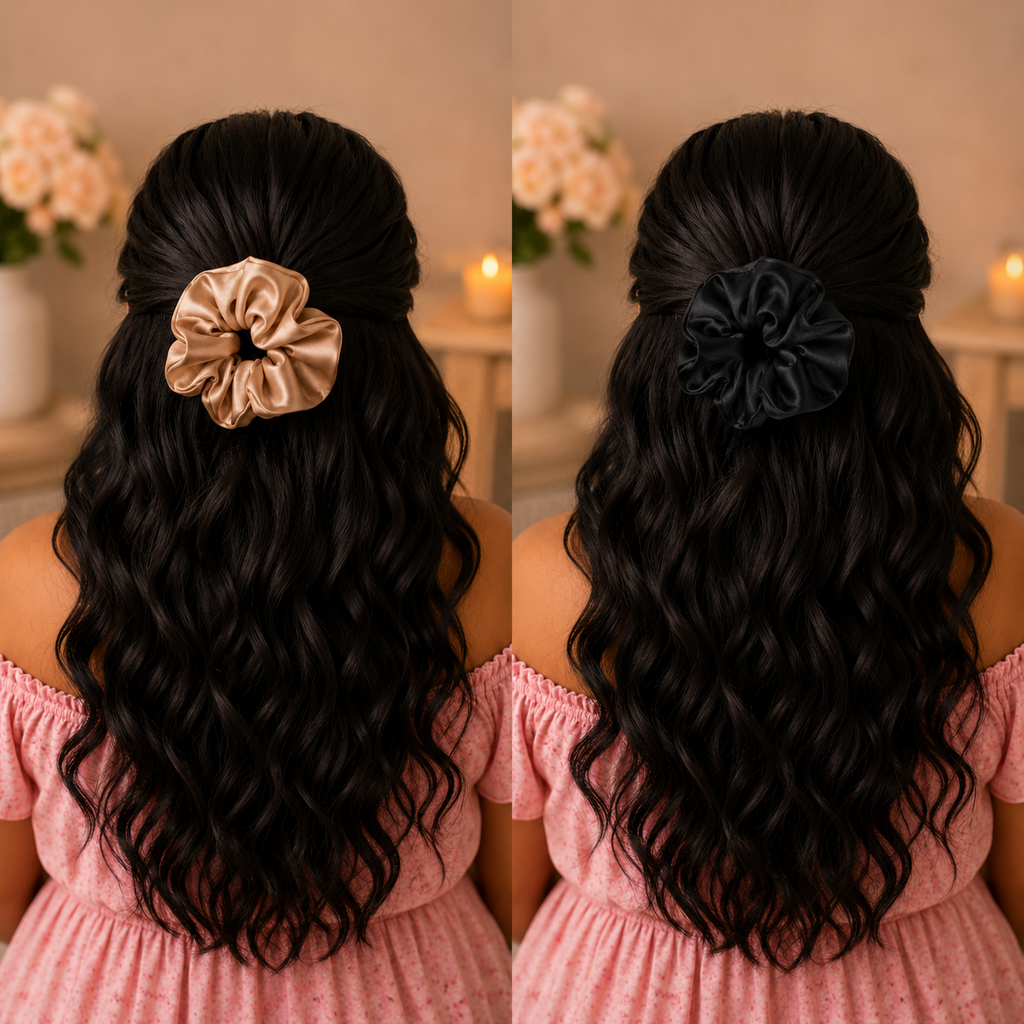 Two hairstyles with scrunchies on long black hair, one gold and one black, against a blurred indoor background.