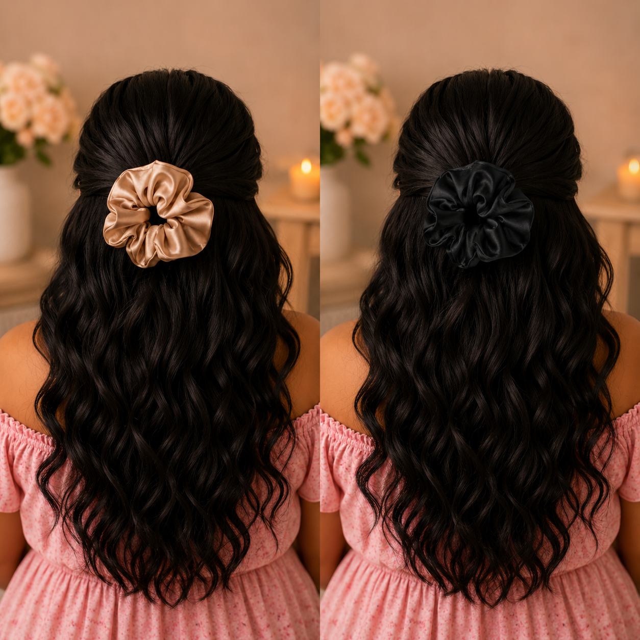 Two hairstyles with scrunchies on long black hair, one gold and one black, against a blurred indoor background.