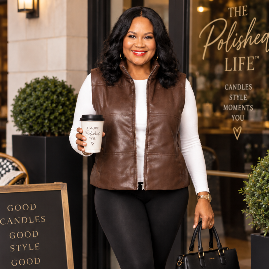 A woman stands on a city sidewalk wearing a brown faux-leather zip-front vest over a white long-sleeve top, black pants, and black knee-high boots. She holds a coffee cup and a black tote bag with gold lettering.