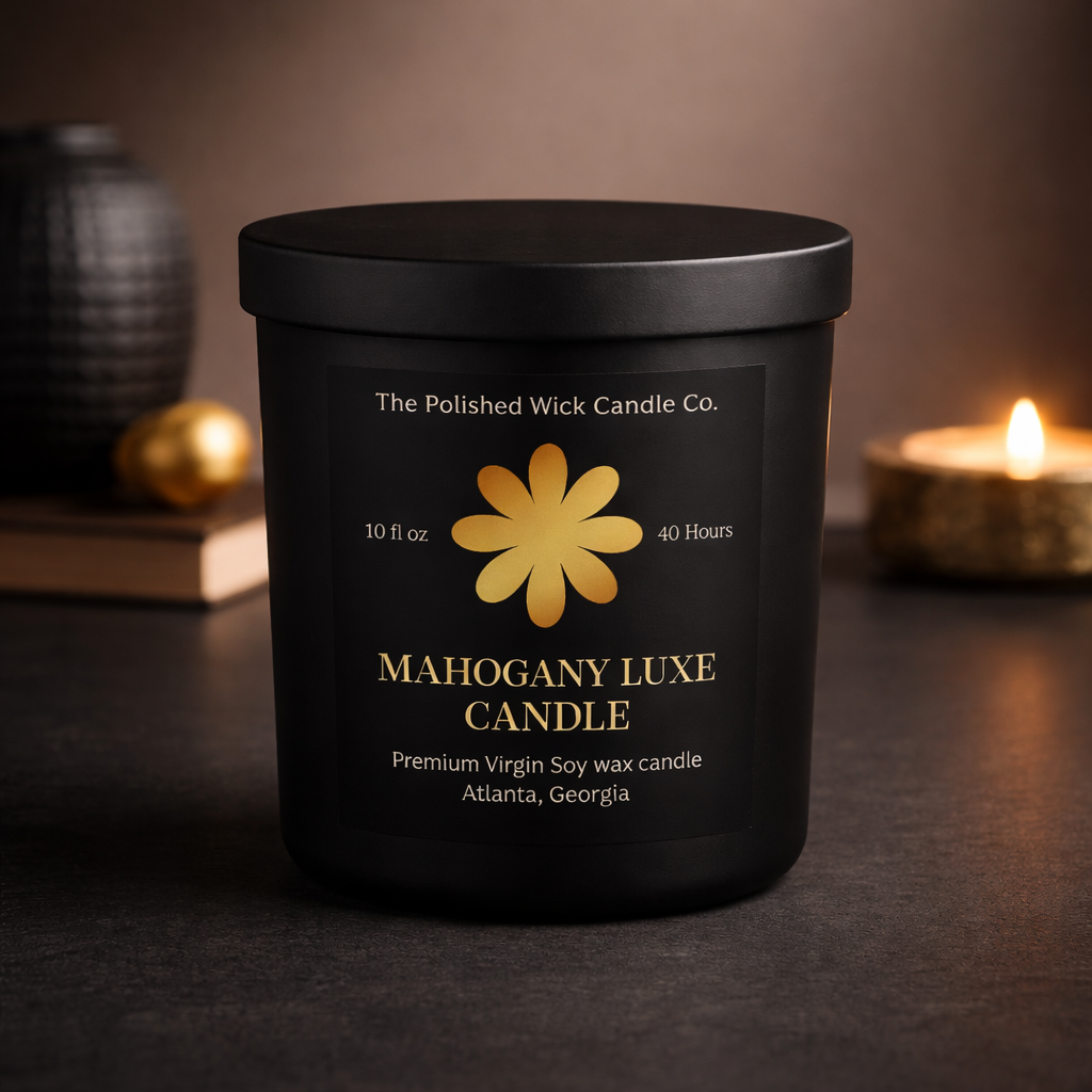 Mahogany Luxe luxury mahogany scented candle in glass jar, clean burn coconut wax candle