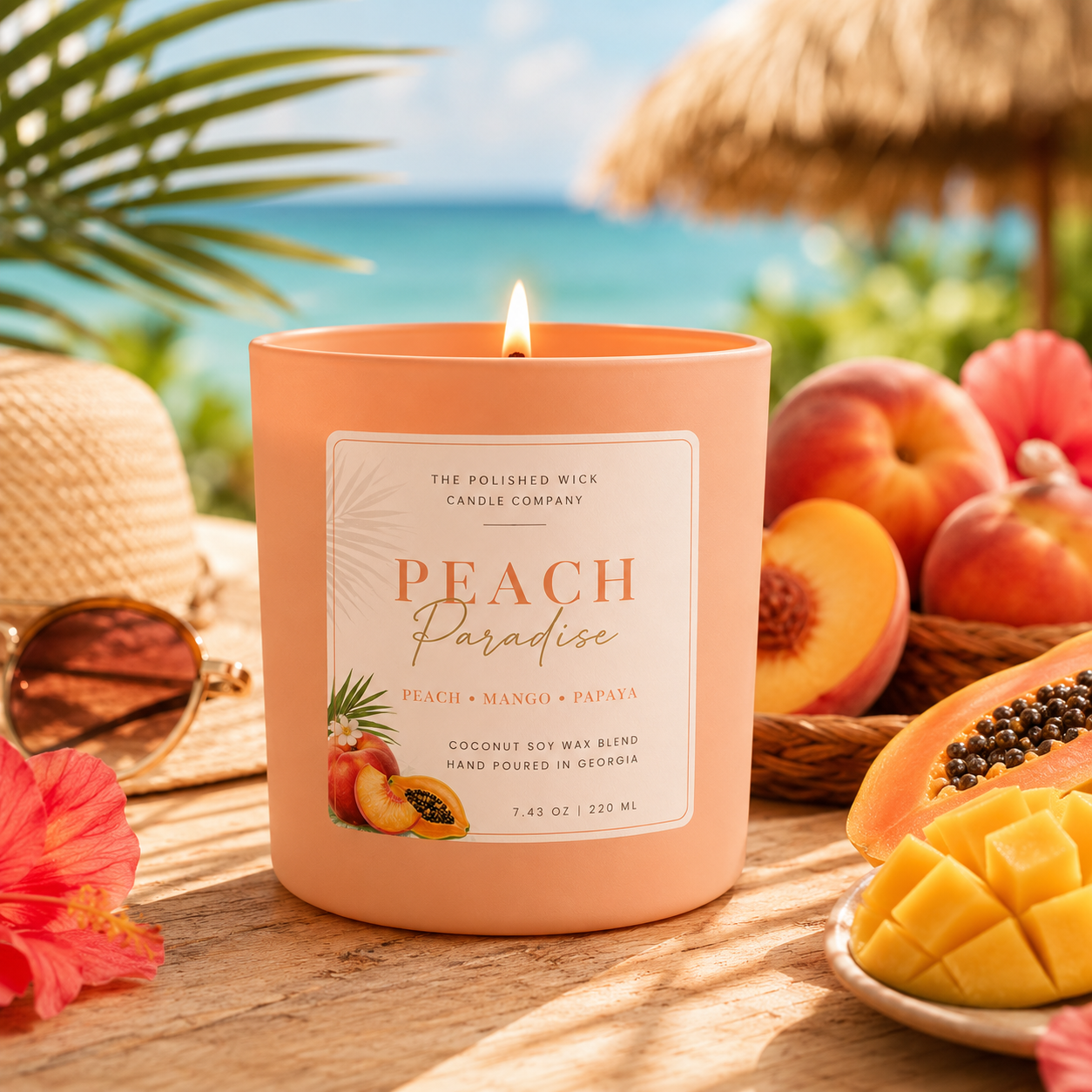 Peach-themed candle with tropical fruits and beach setting