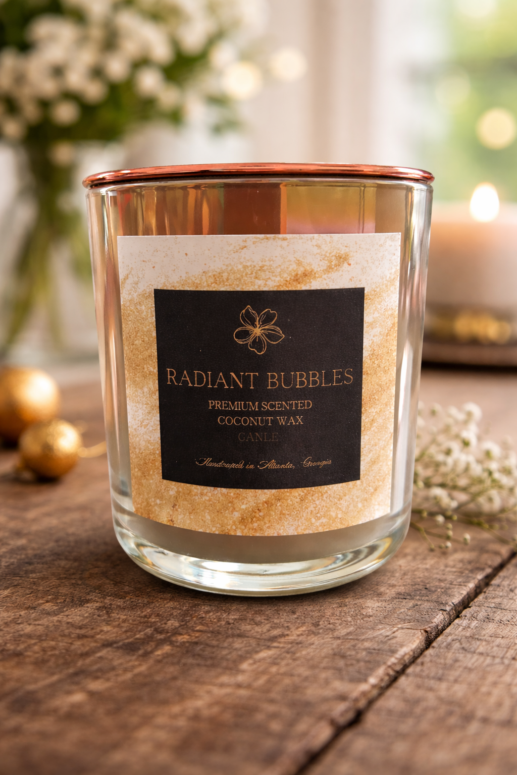 Candle labeled 'Radiant Bubbles' on a wooden surface with a blurred background