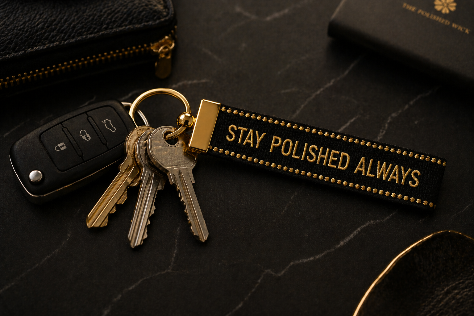 Keychain with keys and 'Stay Polished Always' tag on a dark surface